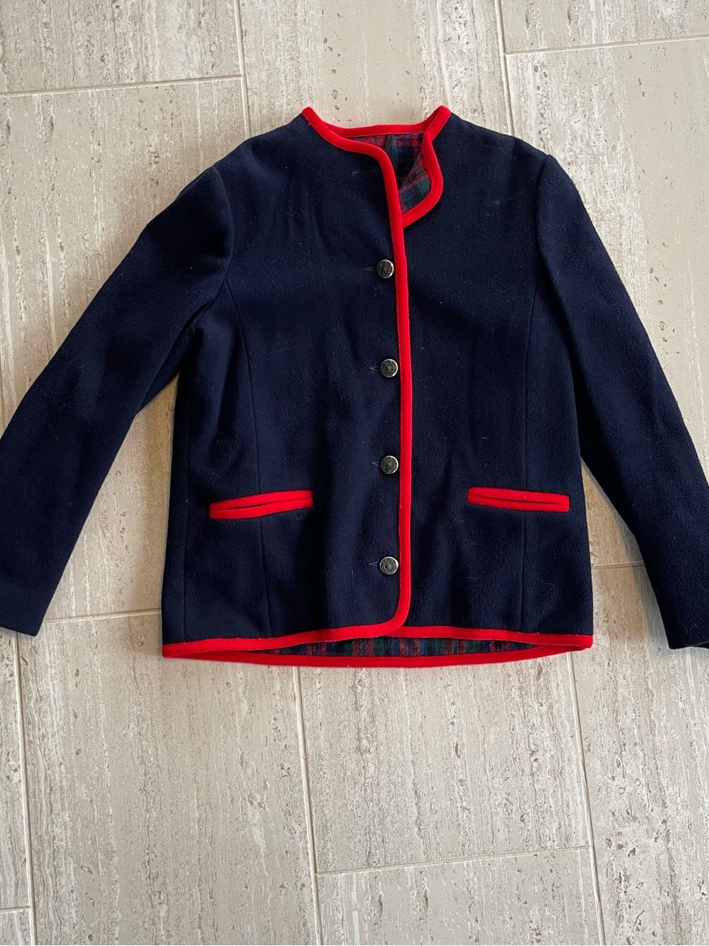 Vintage Trachten Mackintosh wool navy red jacket Austrian Alpine classic